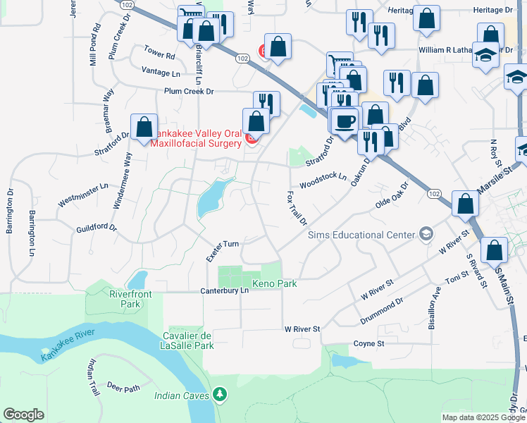 map of restaurants, bars, coffee shops, grocery stores, and more near 290 William R Latham Senior Drive in Bourbonnais