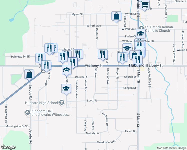 map of restaurants, bars, coffee shops, grocery stores, and more near 40 5th Avenue in Hubbard