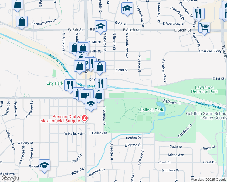 map of restaurants, bars, coffee shops, grocery stores, and more near West Papio Trail in Papillion