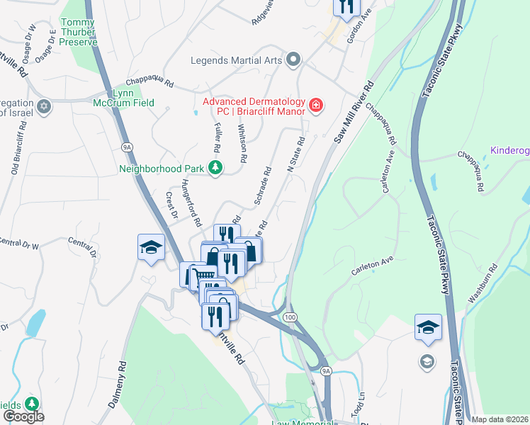 map of restaurants, bars, coffee shops, grocery stores, and more near 260 North State Road in Briarcliff Manor