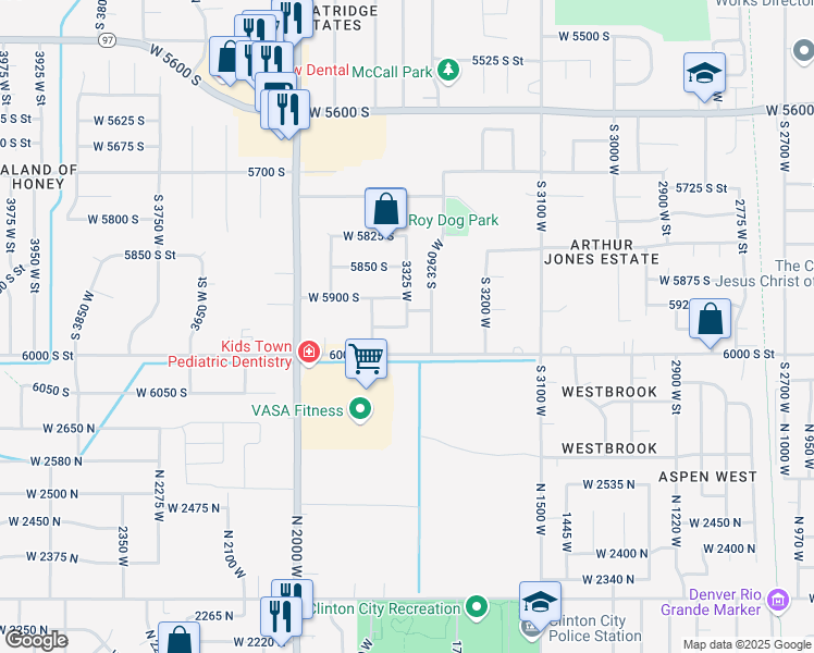 map of restaurants, bars, coffee shops, grocery stores, and more near West 5950 South in Roy