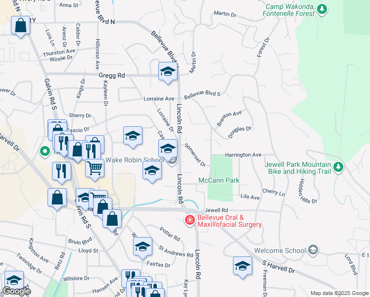 map of restaurants, bars, coffee shops, grocery stores, and more near 1107 Somerset Drive in Bellevue