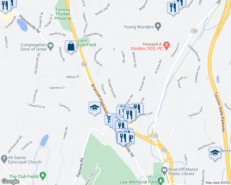 map of restaurants, bars, coffee shops, grocery stores, and more near 31 Hungerford Road in Briarcliff Manor