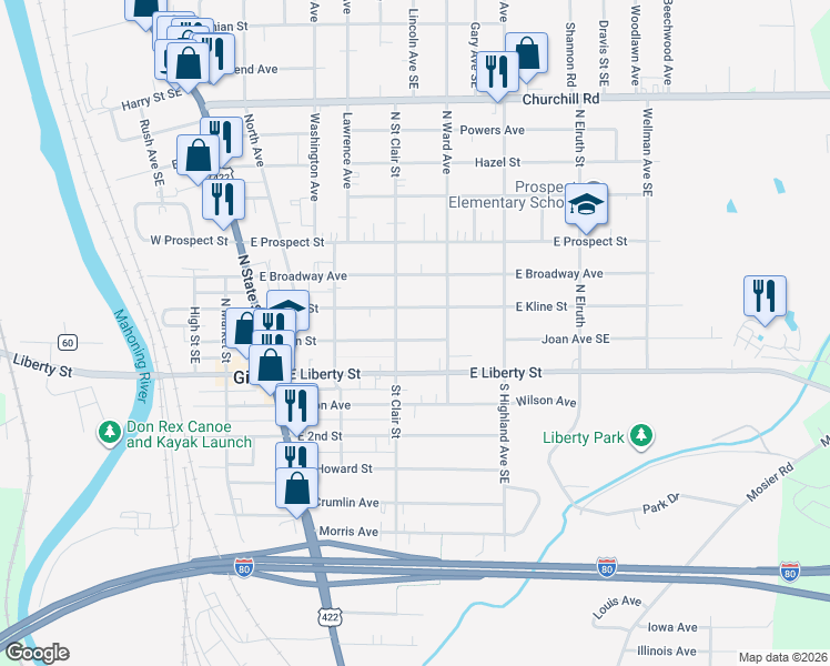 map of restaurants, bars, coffee shops, grocery stores, and more near 317 East Kline Street in Girard