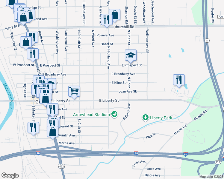 map of restaurants, bars, coffee shops, grocery stores, and more near 416 Joan Avenue Southeast in Girard