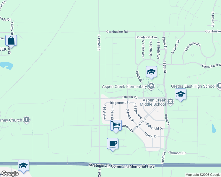 map of restaurants, bars, coffee shops, grocery stores, and more near 10515 South 192nd Street in Gretna