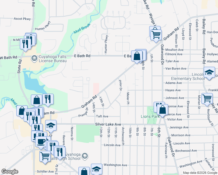 map of restaurants, bars, coffee shops, grocery stores, and more near 336 Graham Road in Cuyahoga Falls