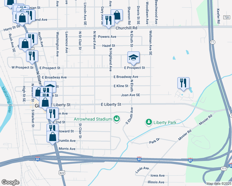 map of restaurants, bars, coffee shops, grocery stores, and more near 416 Joan Avenue Southeast in Girard