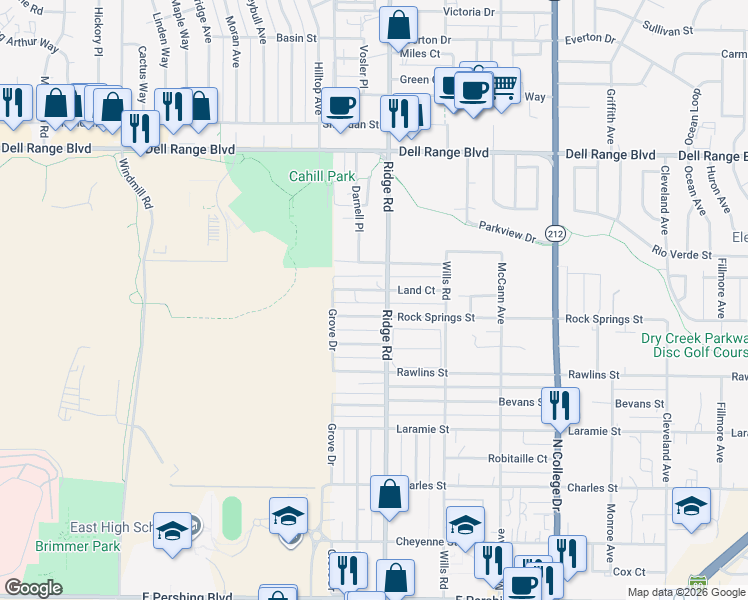 map of restaurants, bars, coffee shops, grocery stores, and more near 3315 Land Court in Cheyenne