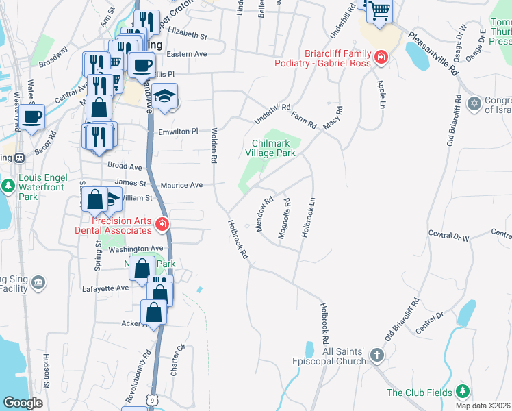 map of restaurants, bars, coffee shops, grocery stores, and more near 102 Meadow Road in Briarcliff Manor