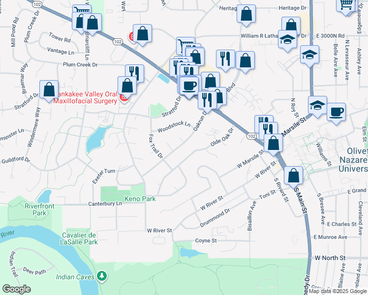 map of restaurants, bars, coffee shops, grocery stores, and more near 660 Oakrun Drive in Bourbonnais
