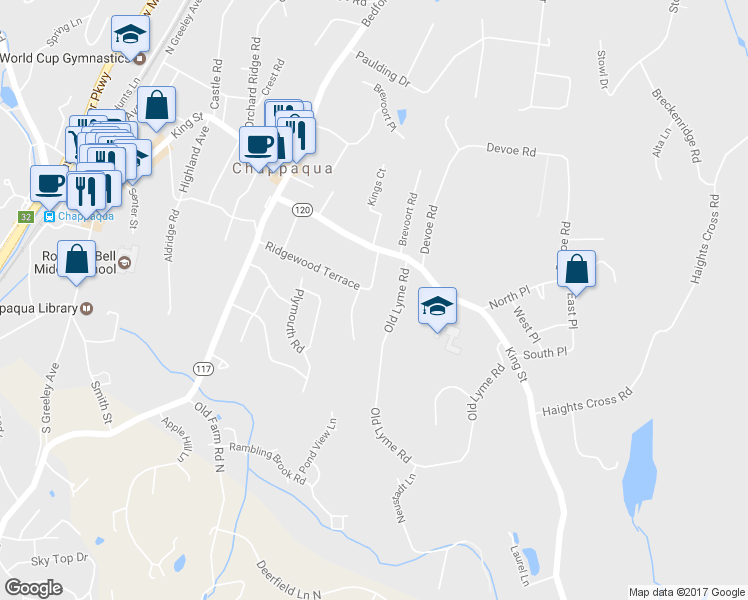 map of restaurants, bars, coffee shops, grocery stores, and more near 110 Ridgewood Terrace in Chappaqua