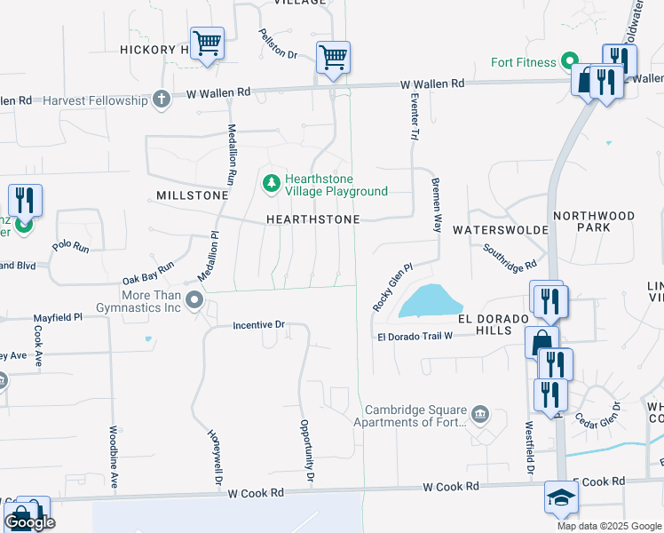 map of restaurants, bars, coffee shops, grocery stores, and more near 8207 Deer Brook Place in Fort Wayne