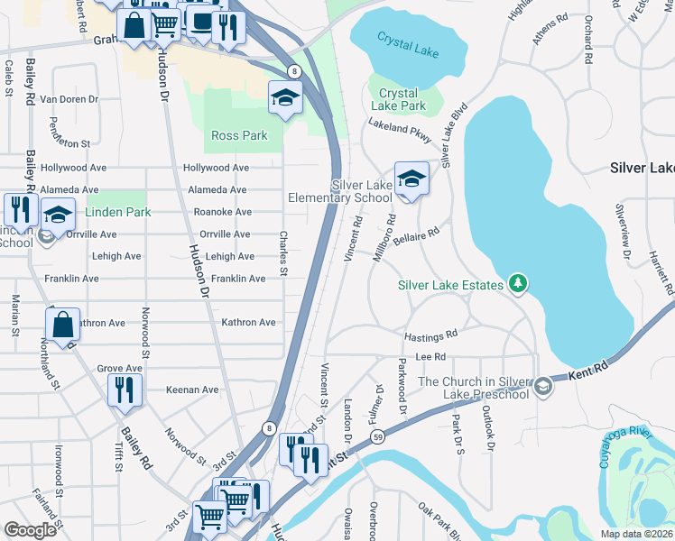 map of restaurants, bars, coffee shops, grocery stores, and more near 2944 Vincent Road in Silver Lake