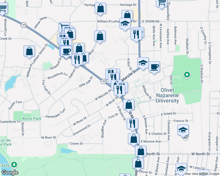 map of restaurants, bars, coffee shops, grocery stores, and more near 131 East Marsile Street in Bourbonnais
