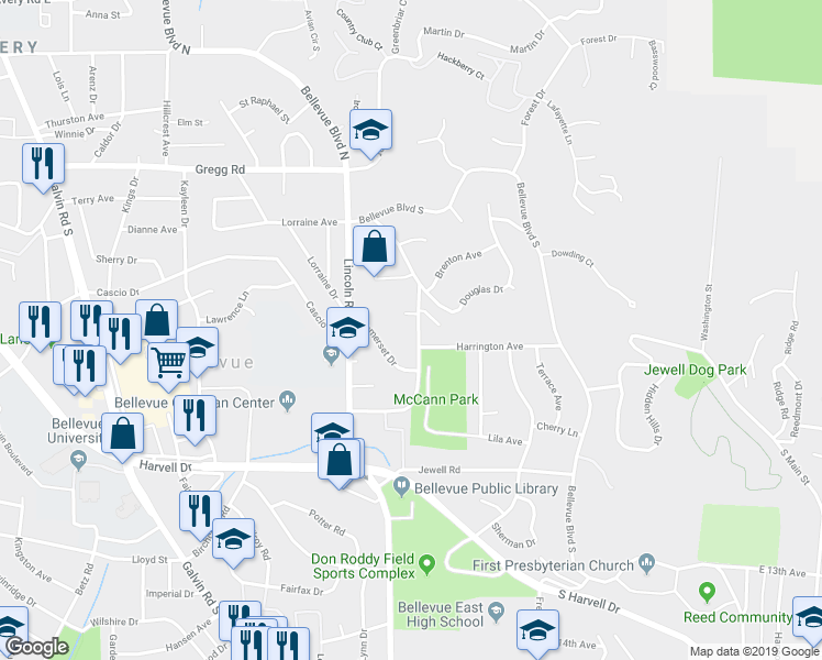 map of restaurants, bars, coffee shops, grocery stores, and more near 504 Marian Avenue in Bellevue