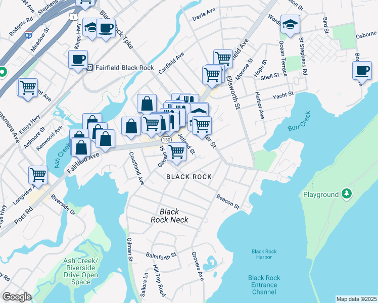 map of restaurants, bars, coffee shops, grocery stores, and more near 67-71 Jetland Street in Bridgeport