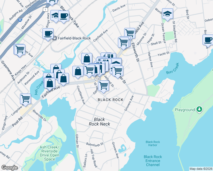 map of restaurants, bars, coffee shops, grocery stores, and more near 67-71 Jetland Street in Bridgeport