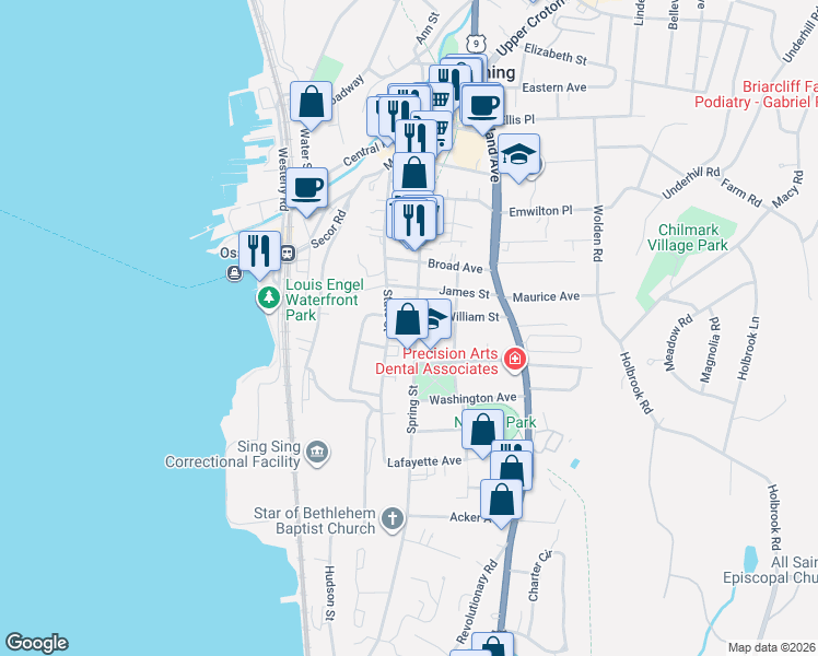 map of restaurants, bars, coffee shops, grocery stores, and more near 172 Spring Street in Ossining