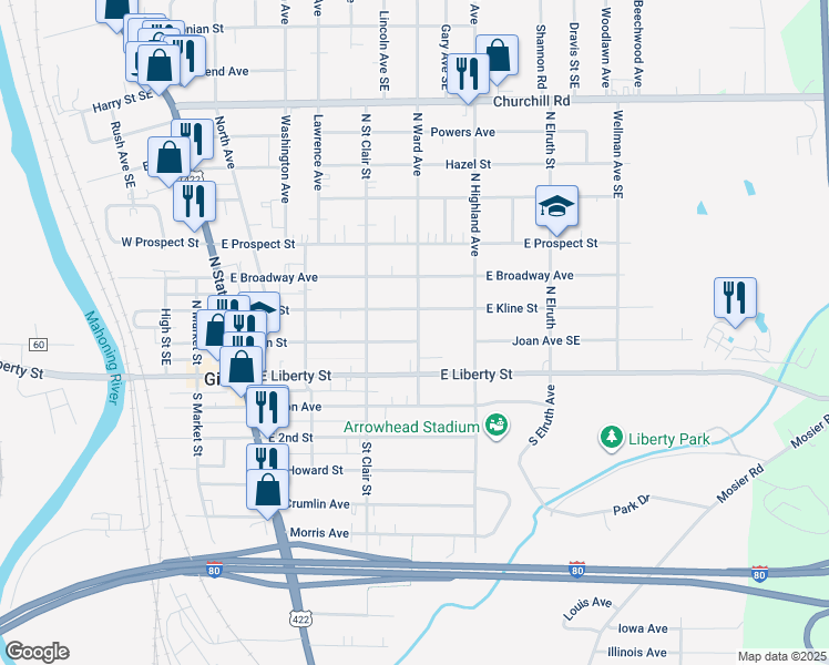 map of restaurants, bars, coffee shops, grocery stores, and more near 401 East Kline Street in Girard