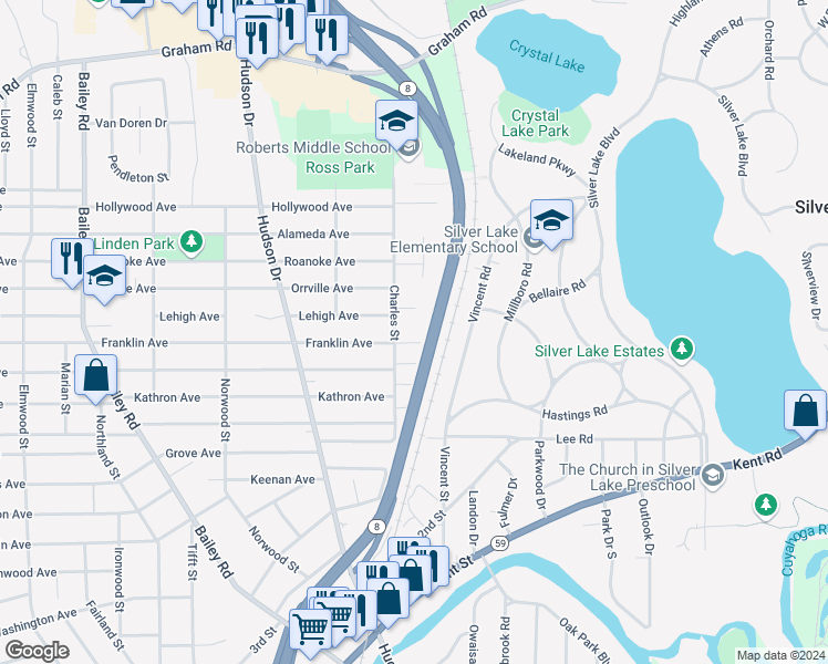 map of restaurants, bars, coffee shops, grocery stores, and more near 3129 Charles Street in Cuyahoga Falls