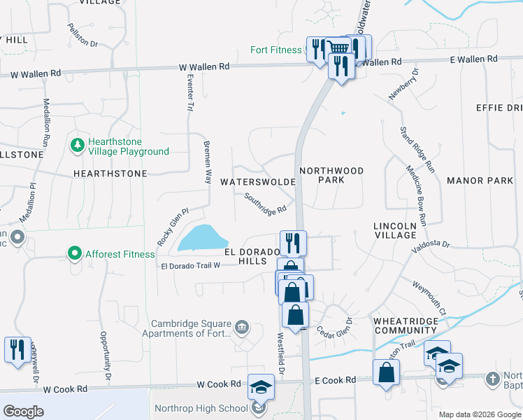 map of restaurants, bars, coffee shops, grocery stores, and more near 120 Southridge Road in Fort Wayne