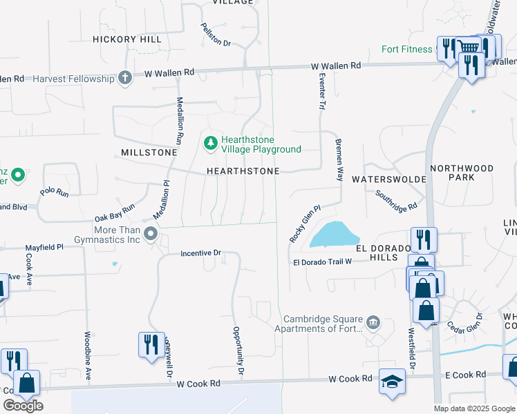 map of restaurants, bars, coffee shops, grocery stores, and more near 8207 Deer Brook Place in Fort Wayne