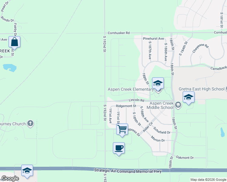 map of restaurants, bars, coffee shops, grocery stores, and more near 10515 South 192nd Street in Gretna
