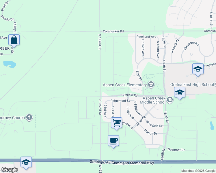 map of restaurants, bars, coffee shops, grocery stores, and more near 10515 South 192nd Street in Gretna