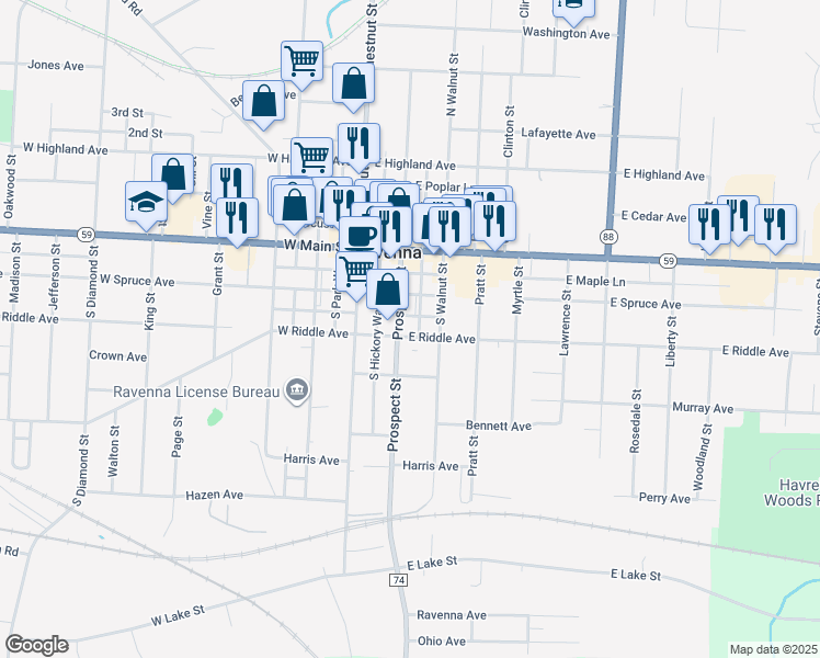 map of restaurants, bars, coffee shops, grocery stores, and more near 263 South Prospect Street in Ravenna