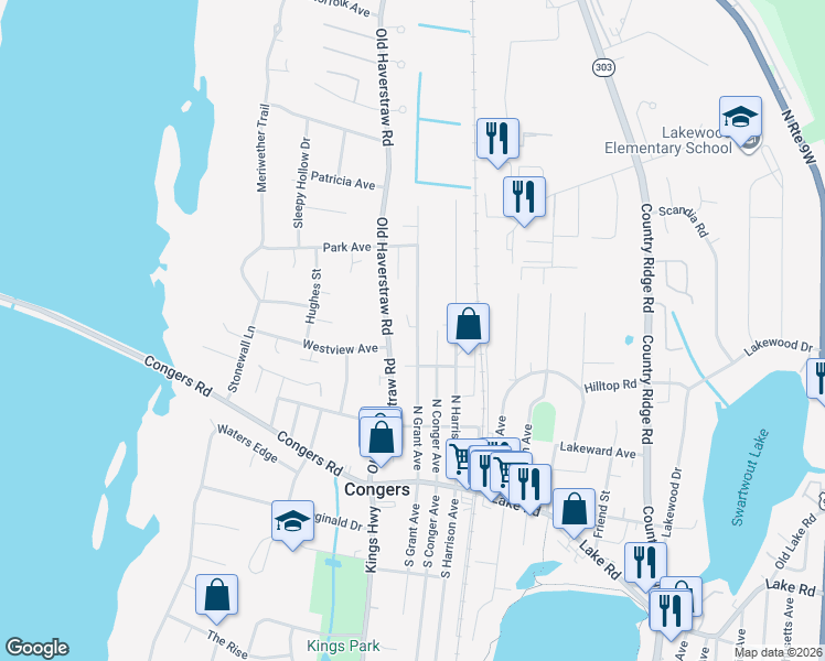 map of restaurants, bars, coffee shops, grocery stores, and more near 65 North Grant Avenue in Congers