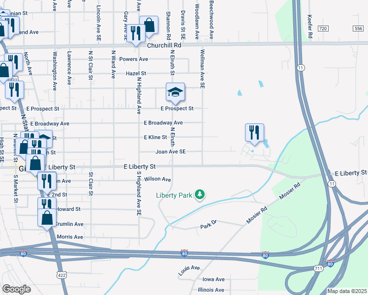 map of restaurants, bars, coffee shops, grocery stores, and more near 524 Joan Avenue Southeast in Girard