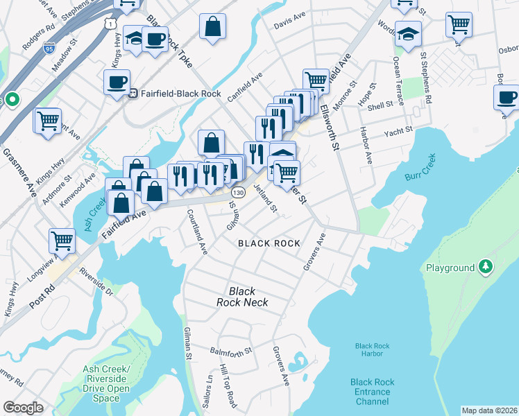 map of restaurants, bars, coffee shops, grocery stores, and more near 67-71 Jetland Street in Bridgeport