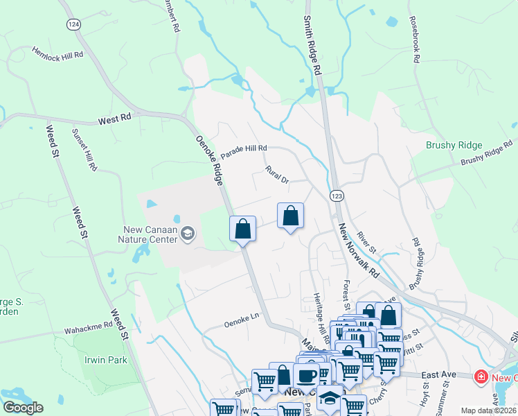 map of restaurants, bars, coffee shops, grocery stores, and more near 3 Holmewood Lane in New Canaan