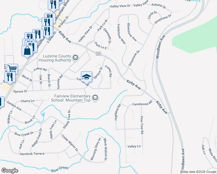 map of restaurants, bars, coffee shops, grocery stores, and more near 160 Forest Road in Mountain Top