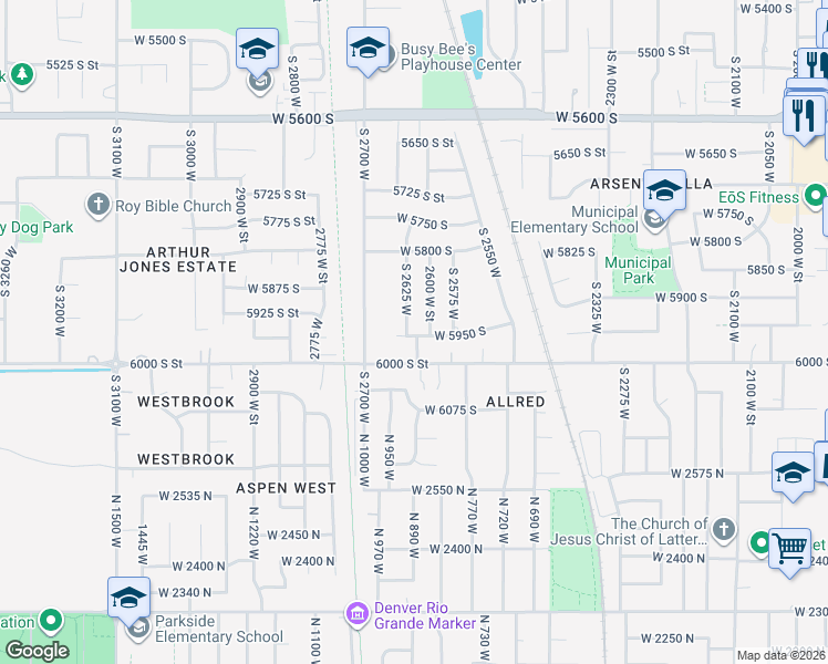 map of restaurants, bars, coffee shops, grocery stores, and more near 5946 2625 W St in Roy