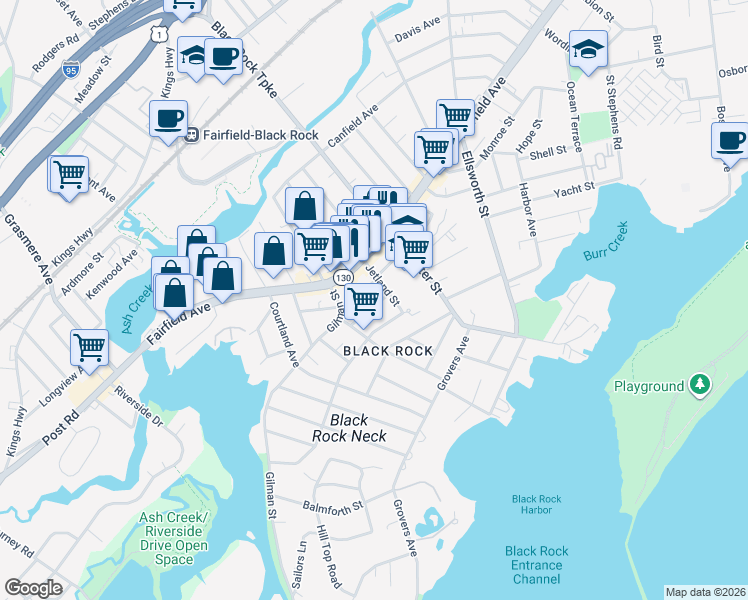 map of restaurants, bars, coffee shops, grocery stores, and more near 67-71 Jetland Street in Bridgeport