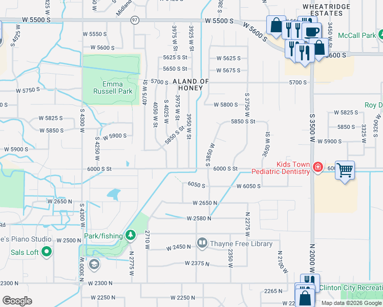 map of restaurants, bars, coffee shops, grocery stores, and more near 5956 South 3950 West in Roy