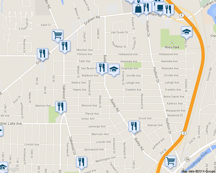 map of restaurants, bars, coffee shops, grocery stores, and more near 3117 Bailey Road in Cuyahoga Falls