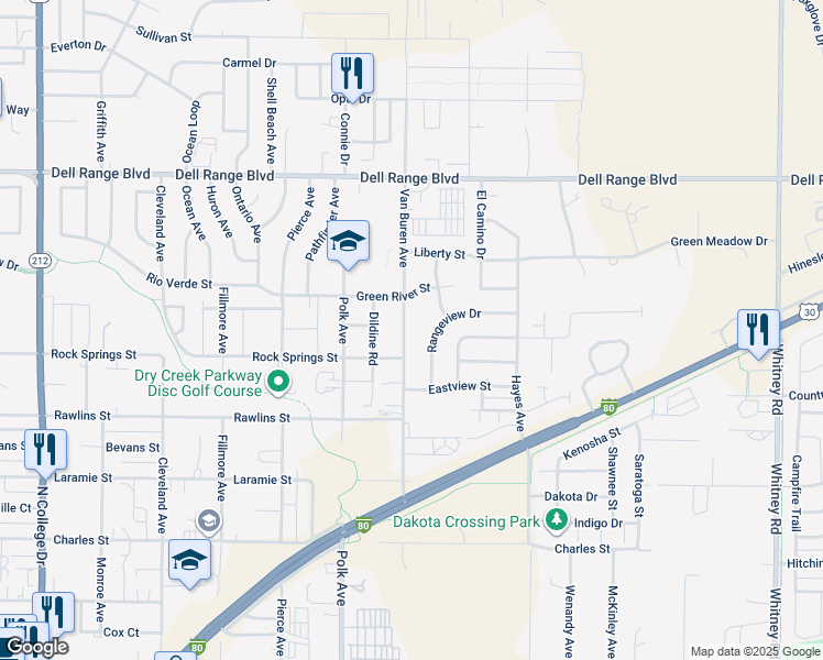 map of restaurants, bars, coffee shops, grocery stores, and more near 4111 Van Buren Avenue in Cheyenne