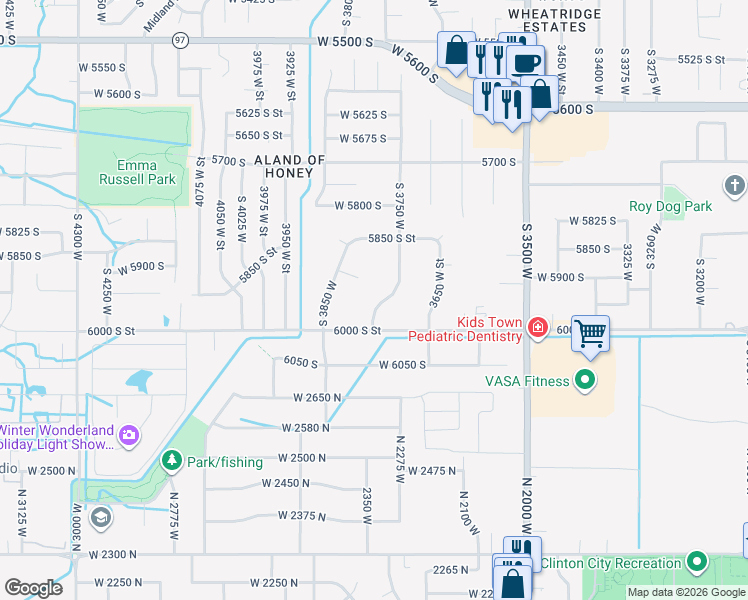 map of restaurants, bars, coffee shops, grocery stores, and more near 5973 South 3750 West in Roy