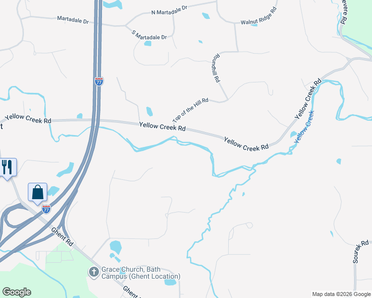 map of restaurants, bars, coffee shops, grocery stores, and more near 3166 Yellow Creek Road in Akron