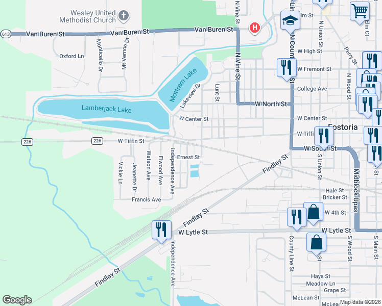 map of restaurants, bars, coffee shops, grocery stores, and more near 219 Cleveland Street in Fostoria