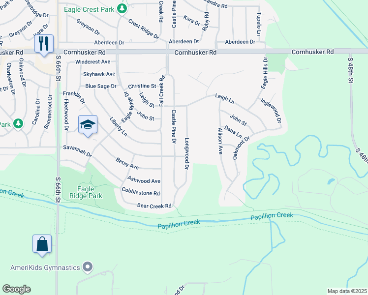 map of restaurants, bars, coffee shops, grocery stores, and more near 206 Longwood Drive in Papillion