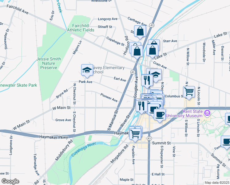map of restaurants, bars, coffee shops, grocery stores, and more near 428 Park Avenue in Kent