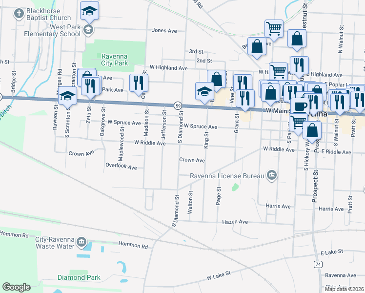 map of restaurants, bars, coffee shops, grocery stores, and more near 401 South Diamond Street in Ravenna