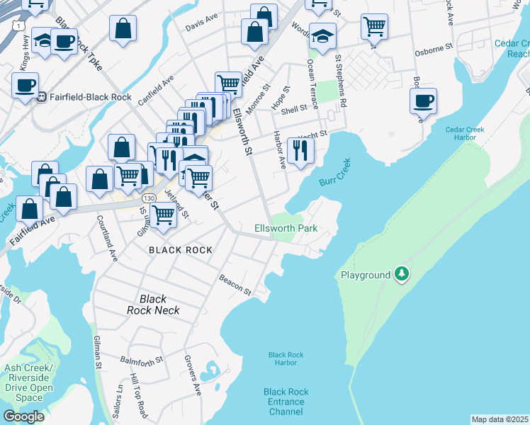 map of restaurants, bars, coffee shops, grocery stores, and more near 100 Ellsworth Street in Bridgeport