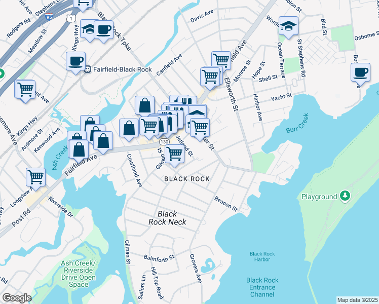 map of restaurants, bars, coffee shops, grocery stores, and more near 67-71 Jetland Street in Bridgeport