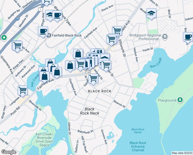 map of restaurants, bars, coffee shops, grocery stores, and more near 67-71 Jetland Street in Bridgeport
