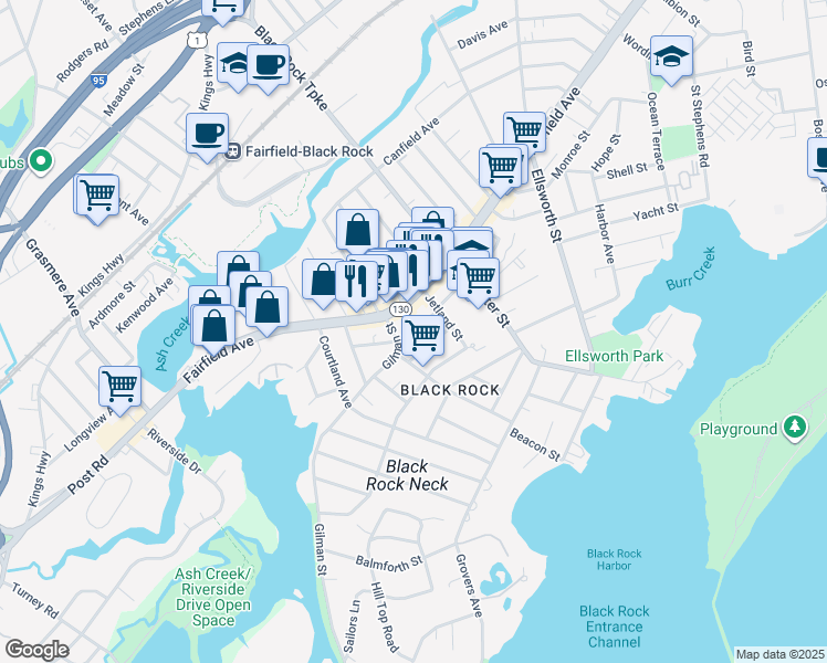map of restaurants, bars, coffee shops, grocery stores, and more near 7 Gilman Street in Bridgeport